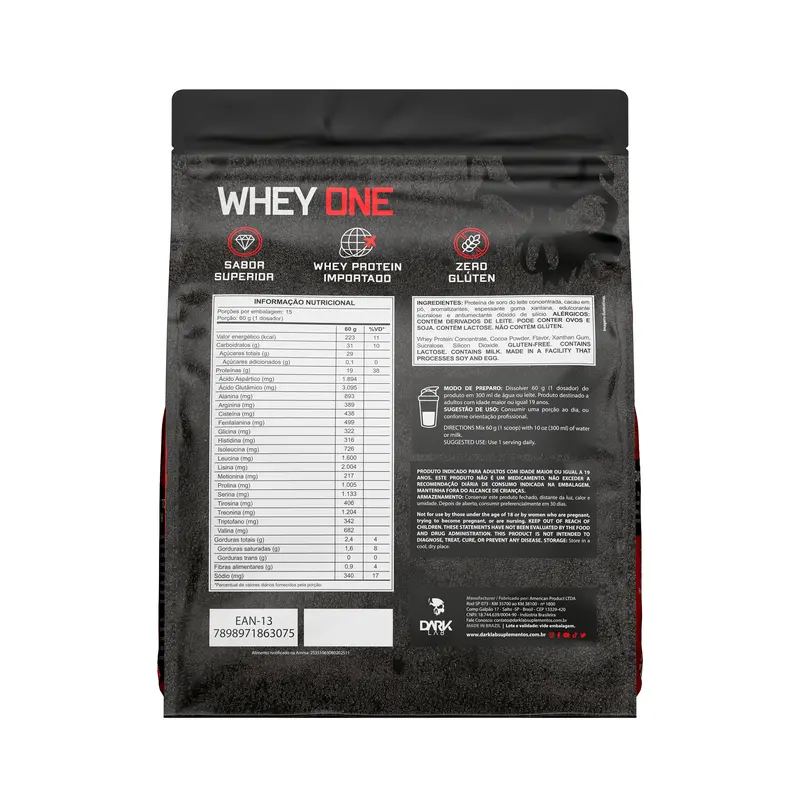 Rótulo e informação nutricional do Whey One Dark Lab